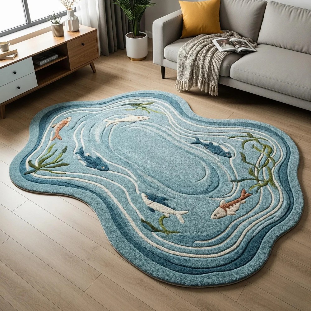 Light Blue White Irregular Koi Fish Pond Shape Hand Tufted Wool Rug, Modern 3d