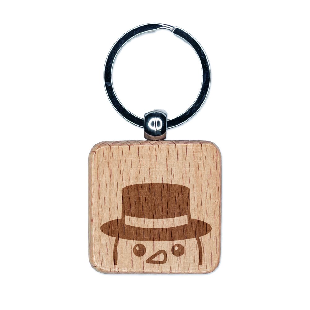Peeking Snowman Winter Christmas Engraved Wood Square Keychain Tag Charm