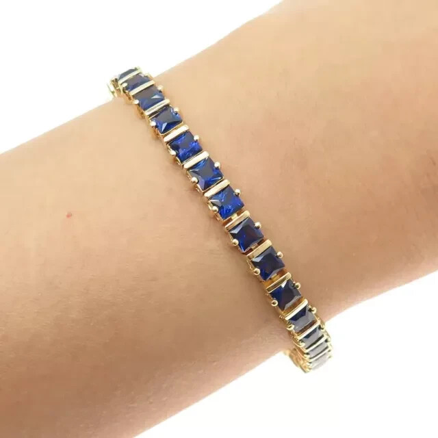 12CT Princess Cut Lab Sapphire Tennis Bracelet 14K Gold Plated 7.5 Inch