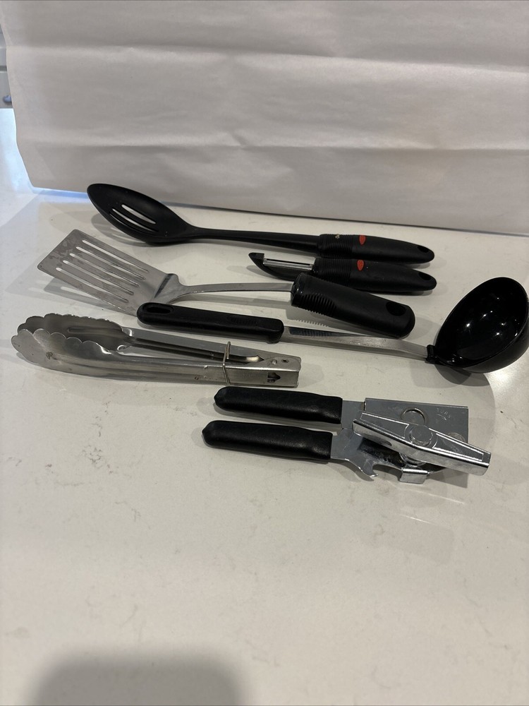 Starter Kitchen Utensil Lot Oxo/Other Tongs,  Spoons, Ladle, Can Opener,