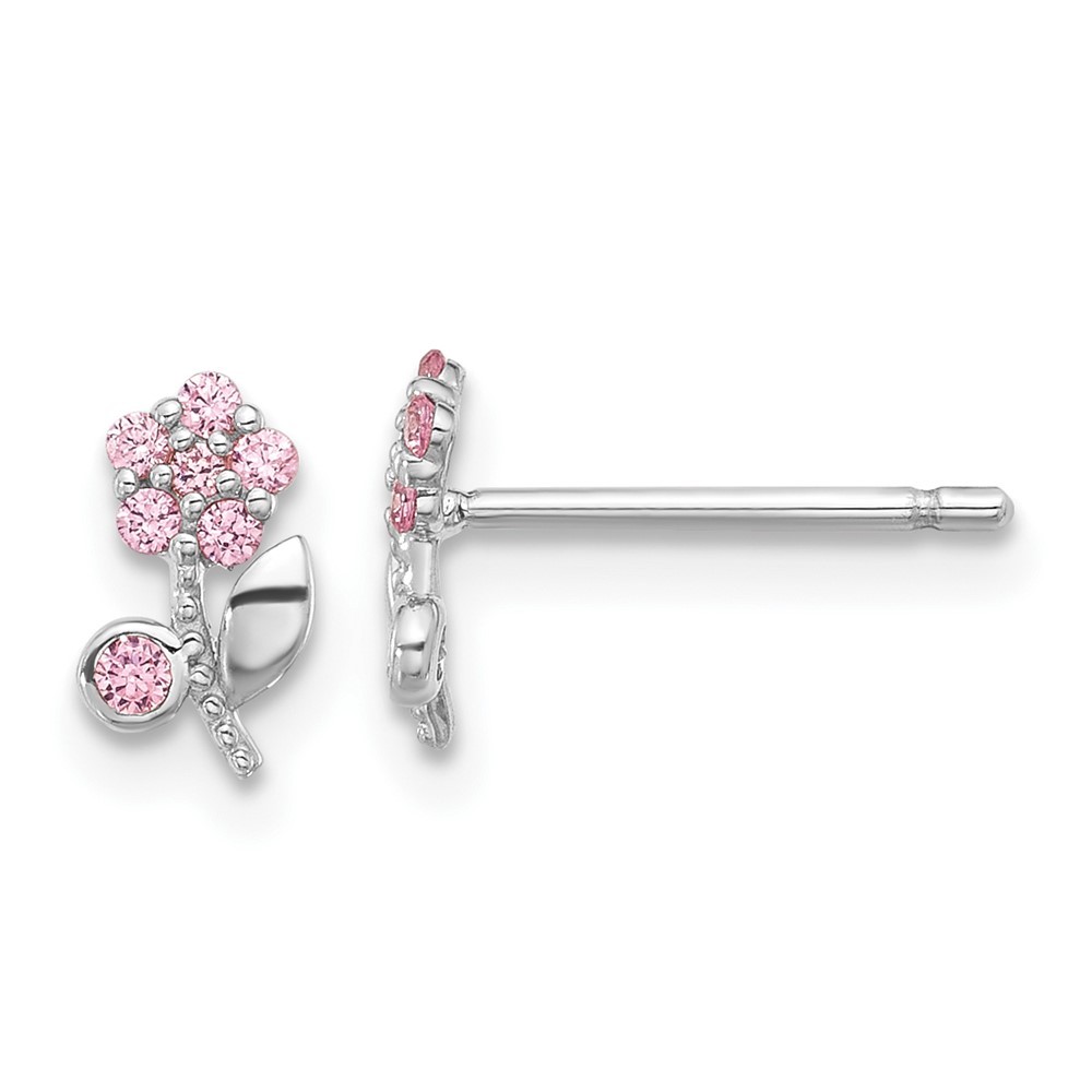 Sterling Silver Rhodium-plated Polished Pink Cubic Zirconia Flower Stud Earrings