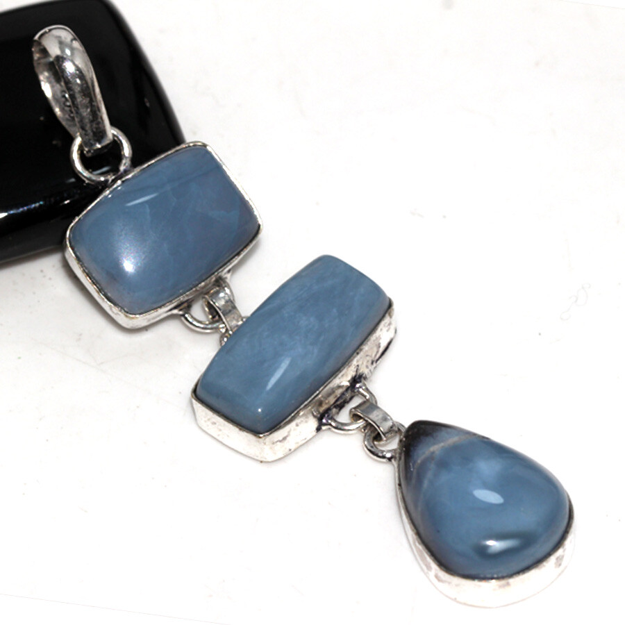 925 Silver Plated Owhyee Blue Opal Ethnic Long Pendant Jewelry Size 3.1