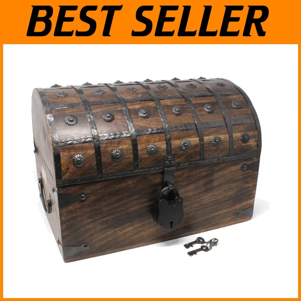 X-Large Pirate Treasure Chest - Lockable Wooden Storage Box with Skeleton Key