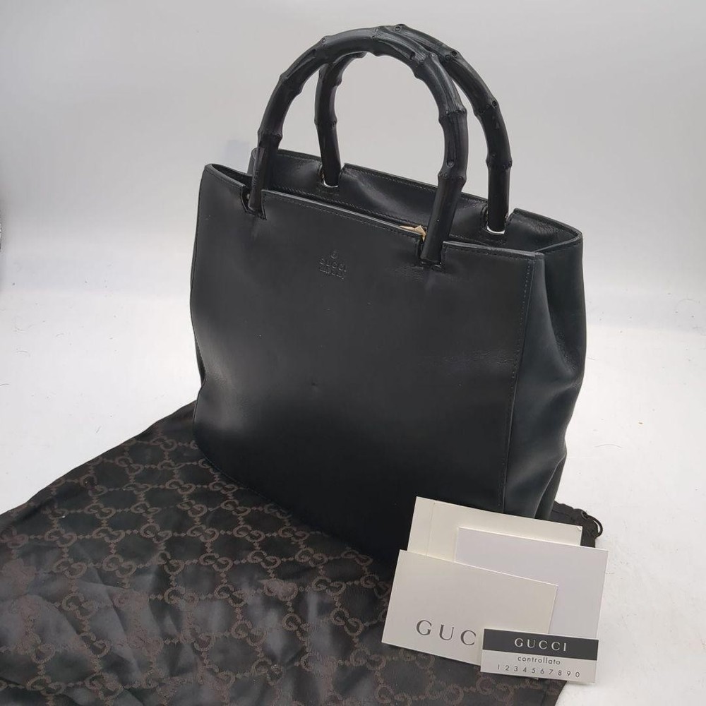 Gucci Bamboo Black Leather Tote Handbag Japan Pre-Owned