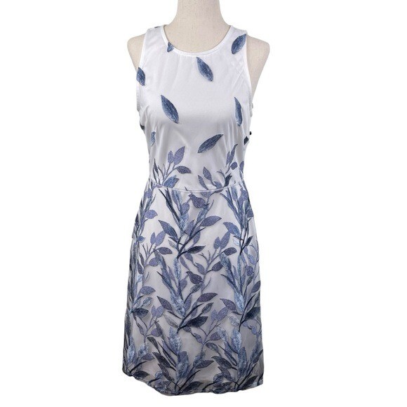 NEW Adrianna Papell Leaf-Embroidered A-Line Dress White Blue Women's Size 2