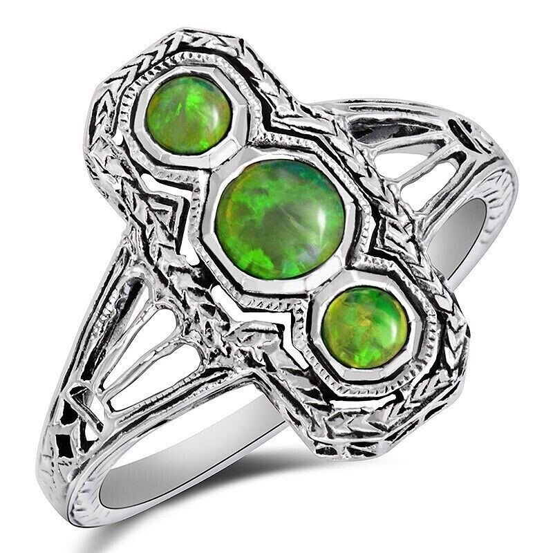 2CT Natural Green Fire Opal Victorian Sterling Silver Ring Size 6 ZF-3