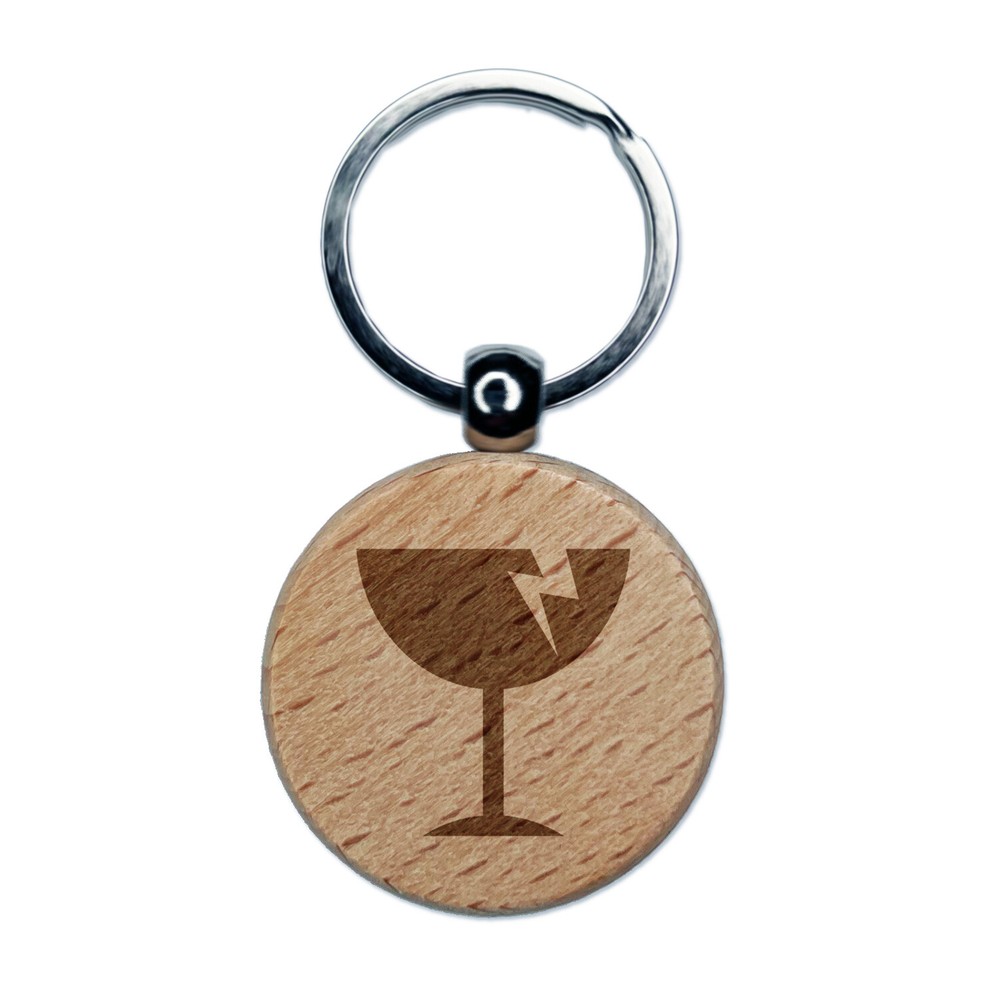 Fragile Glass Icon Engraved Wood Round Keychain Tag Charm