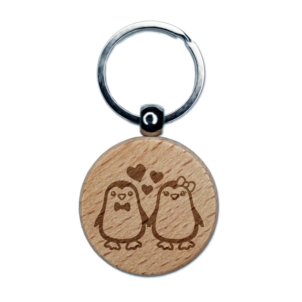 Penguin Couple in Love Anniversary Engraved Wood Round Keychain Tag Charm