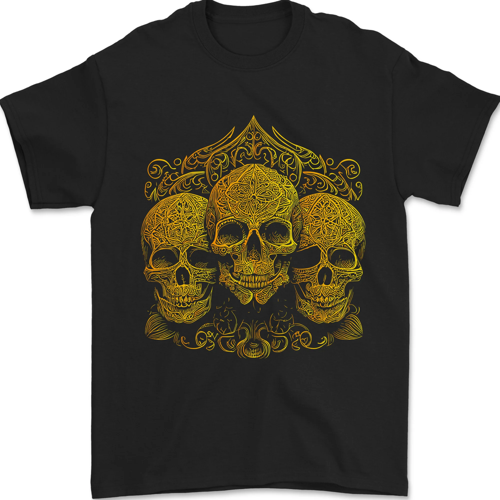 3 Ornate Gold Skulls Gothic Goth Mens T-Shirt 100% Cotton