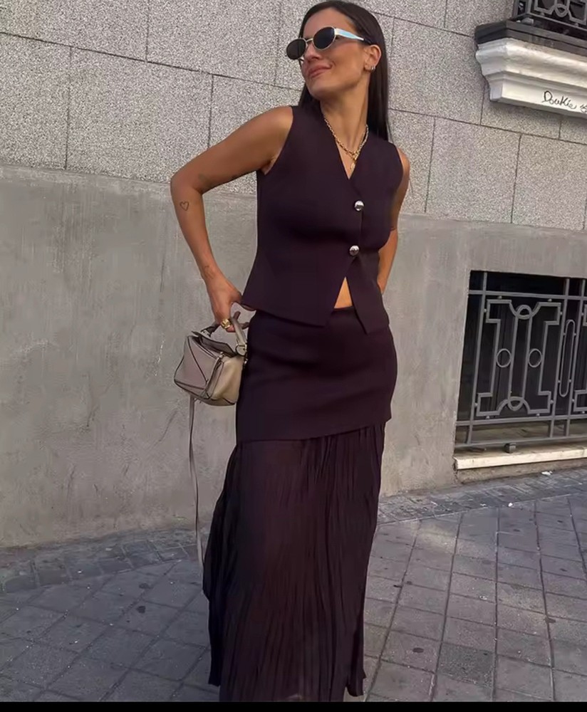 ZARA NEW WOMAN COMBINED PLEATED KNIT SKIRT AND MATCHING TOP SET BROWN SIZE S