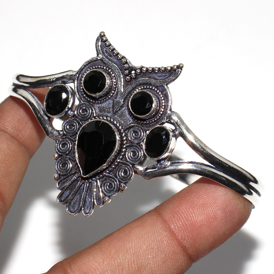 Black Onyx 925 Silver Plated Owl Gemstone Bangle Free Size New Arrival Jewelry