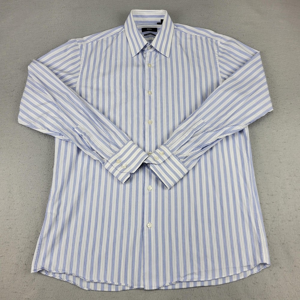 BOSS Hugo Boss Shirt Mens 15.5 32/33 Blue White Stripe Regular Fit Dress Shirt