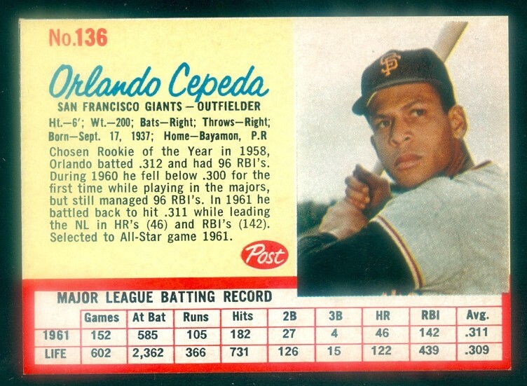 1962 POST CEREAL #136 ORLANDO CEPEDA EXMT