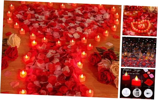 4000 Pcs Rose Petals with 24 LED Flameless Tea Lights for Decor