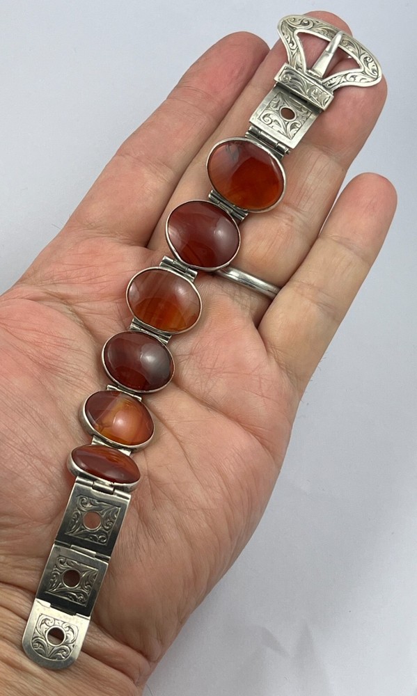 Antique Victorian c 1890 sterling silver Scottish agate belt buckle bracelet