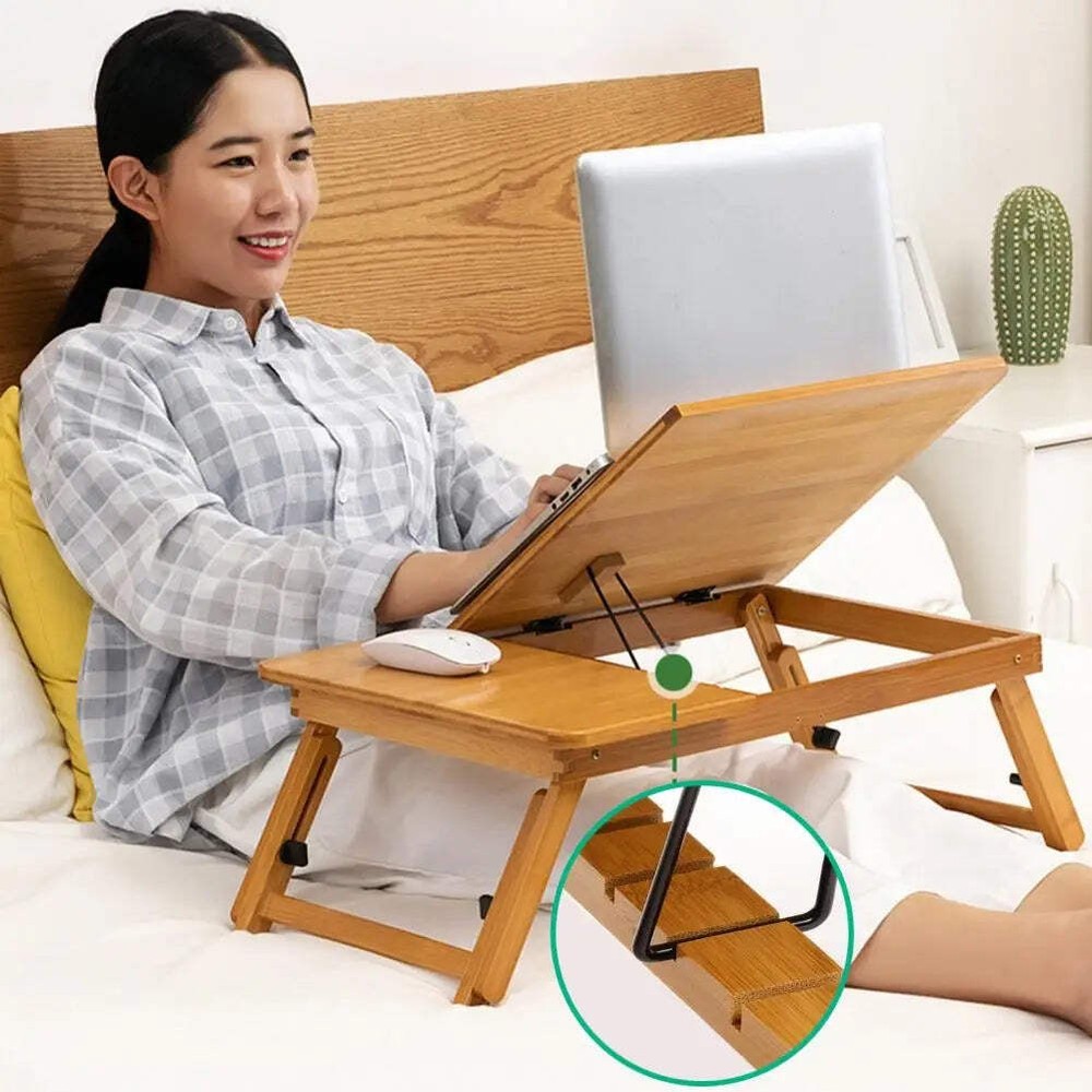 Adjustable Bamboo Over Bed Table Folding Desk with 4 Tilt Angles Portable