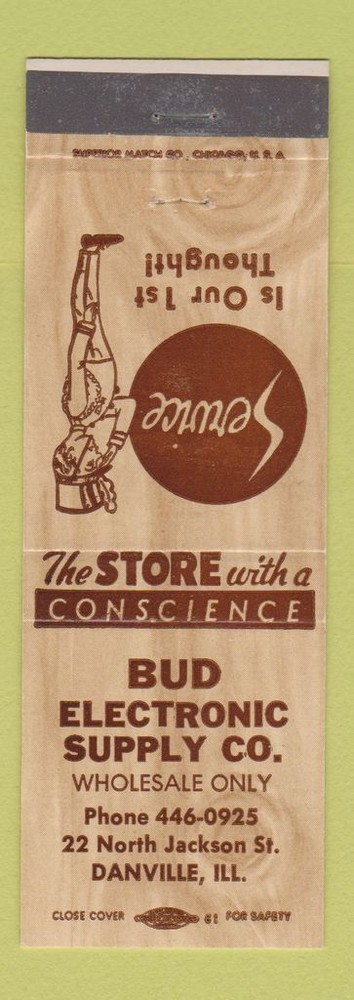Vintage Bud Electronic Supply Matchbook Cover Danville IL
