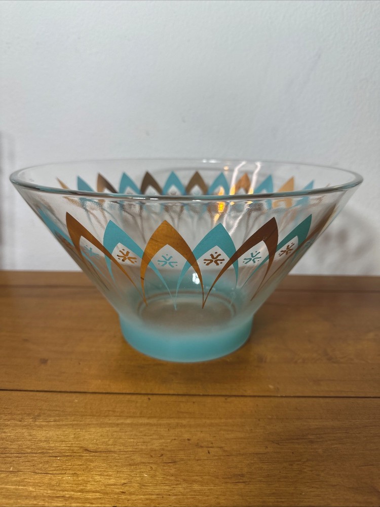 Vintage Anchor Hocking Blendo Atomic Chip Bowl Aqua Gold Mid-Century Serving Dish