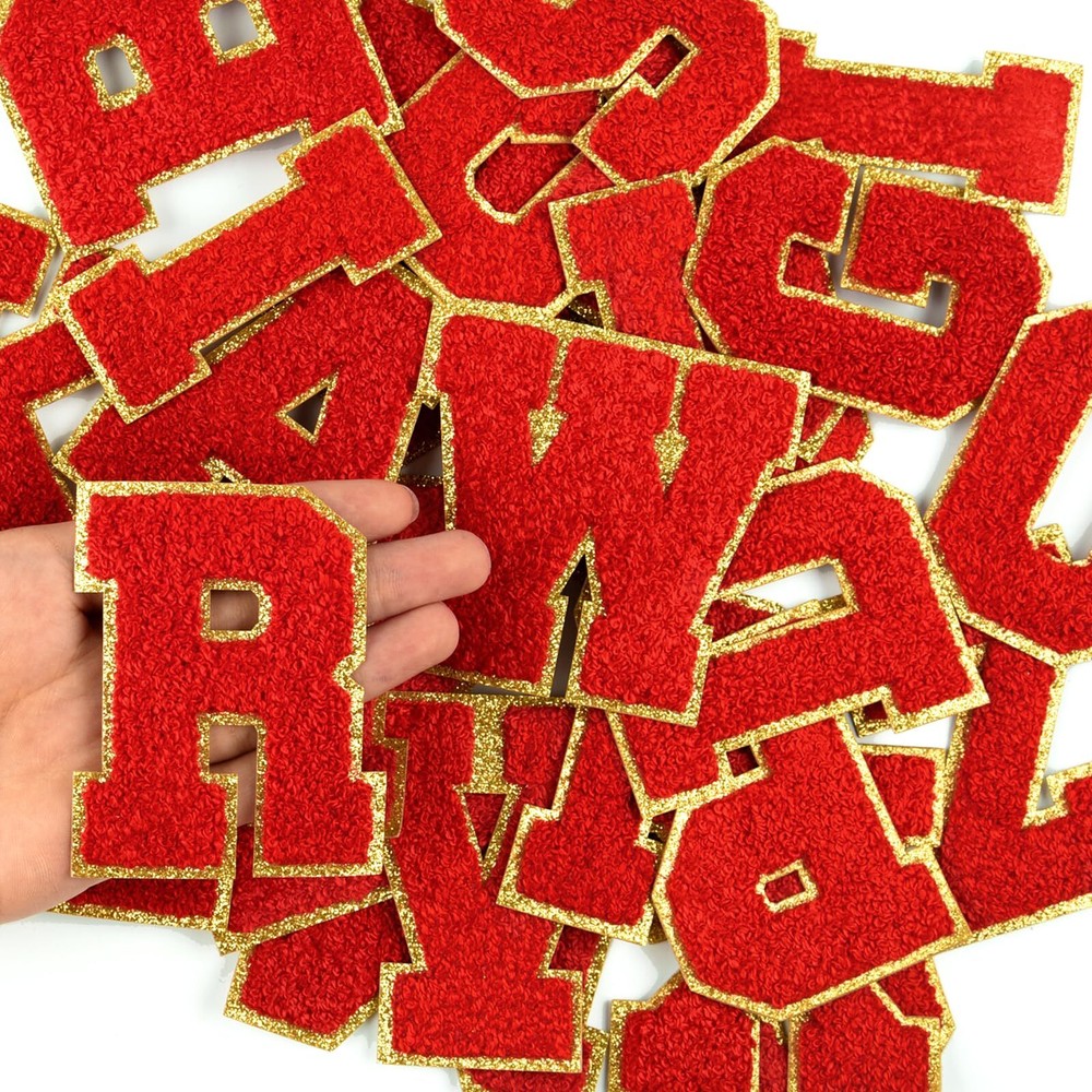 52Pcs Red 3.14 Inch Large Chenille Letter Patches A-Z Self Adhesive for Clothing DIY Customization