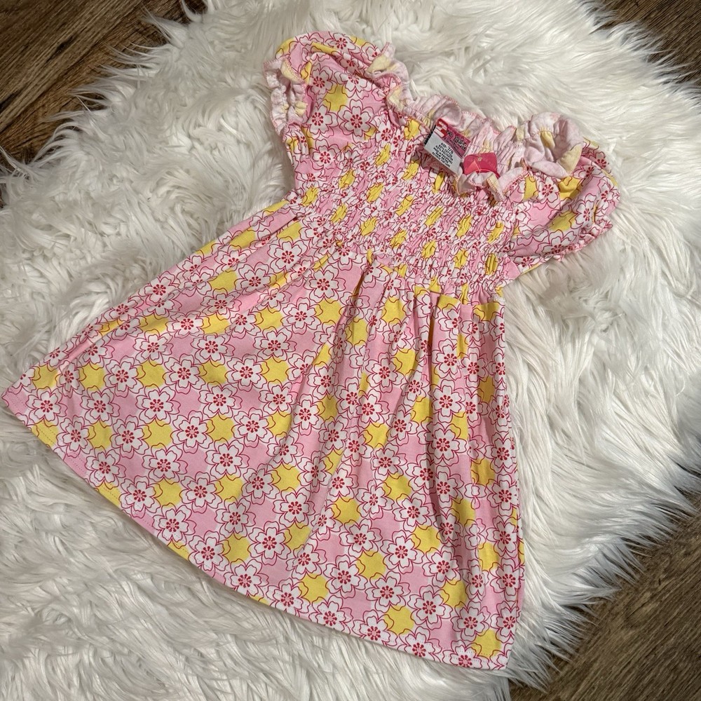 2B Real Dress Girls Size 7/8 Pink Yellow Floral Smocked Ruffle NEW