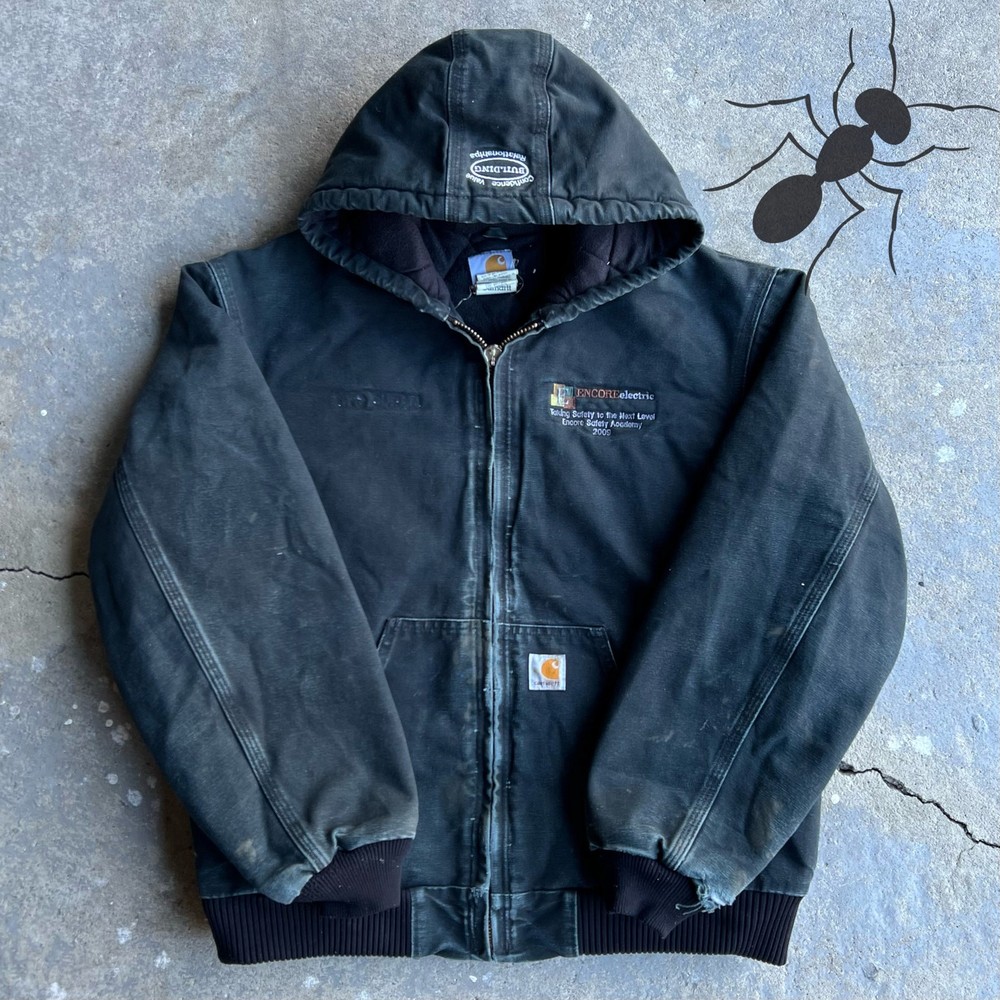 Vintage Y2K Carhartt J140 Faded Black Hooded Work Jacket