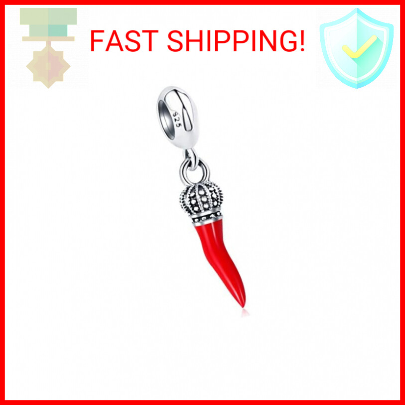 Lucky Italian Horn Charm,925 Sterling Silver Red Corno Chili Pepper Bead