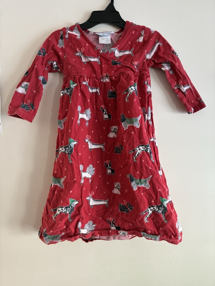 The Company Store Kid Girl Cute Dog 100% Cotton V-Neck Long Sleeve Dress Red 5/6