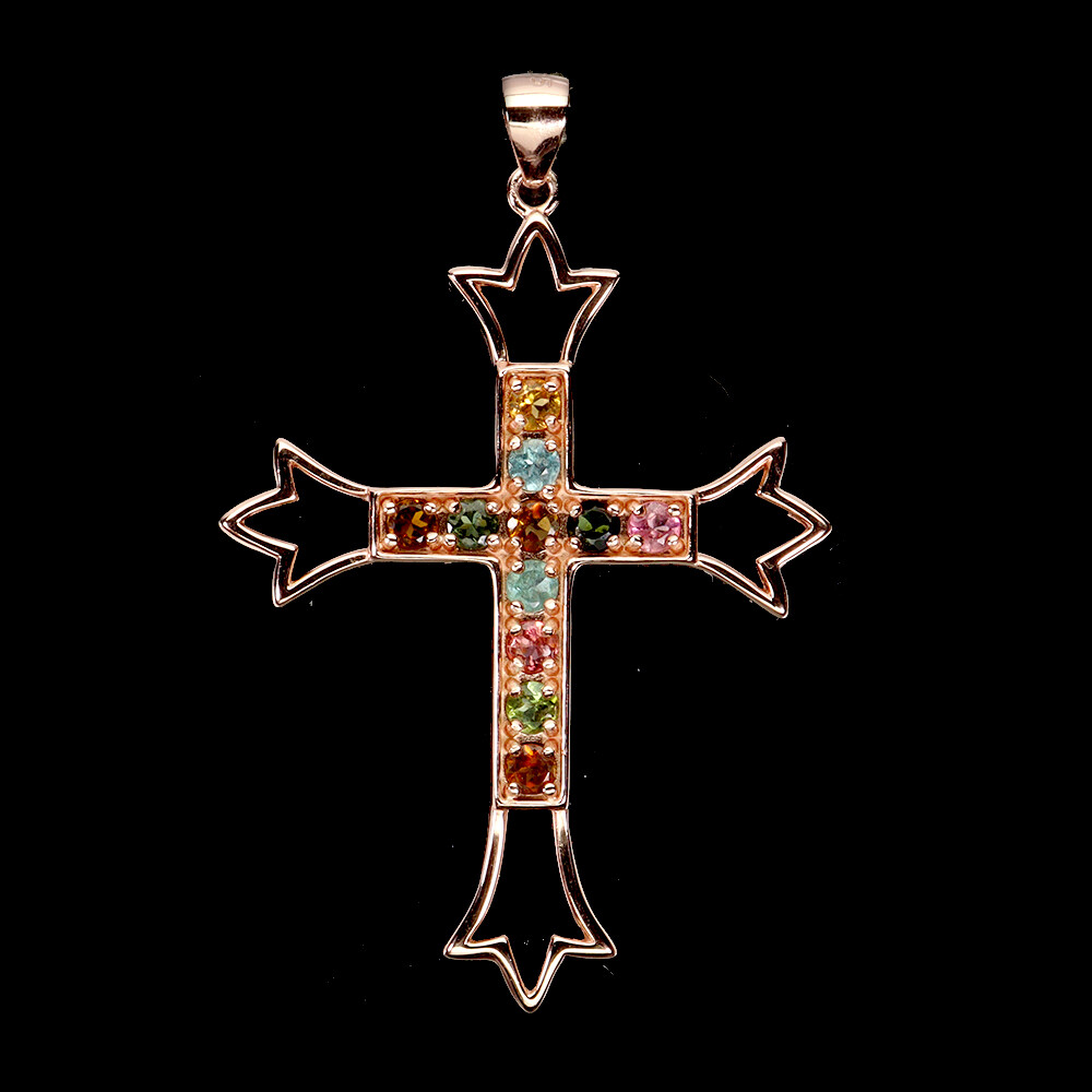925 Sterling Silver Round 3mm Tourmaline Cross Pendant Gemstone Jewelry