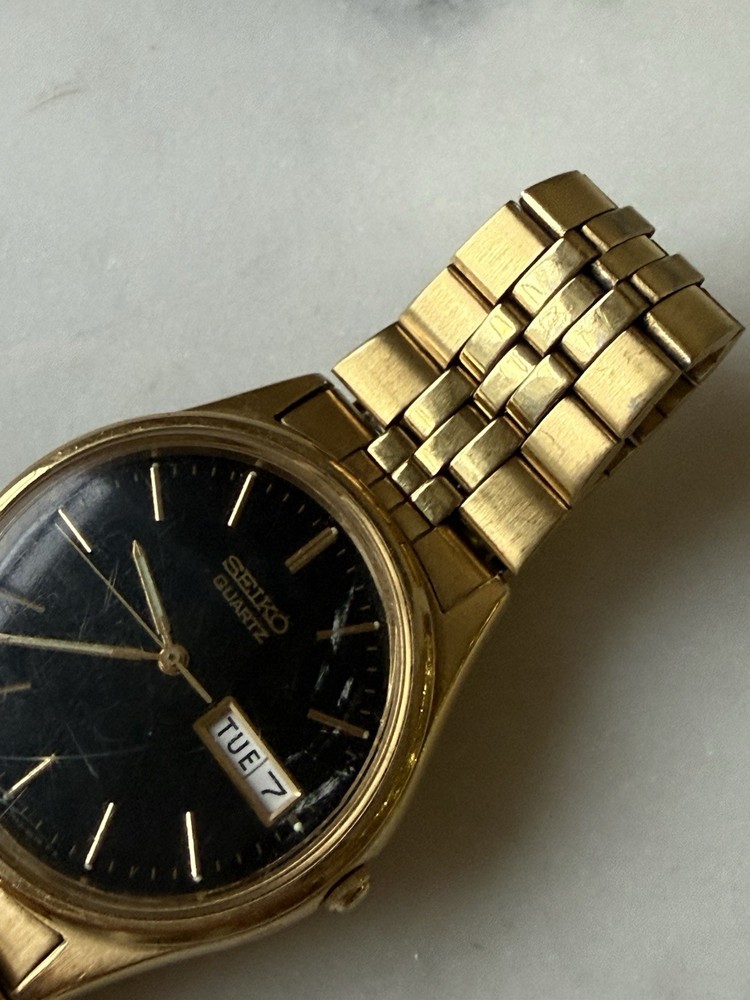 Seiko Watch Men 35mm Black Dial Gold Tone Daydate 7n43-8a39 New Battery READ