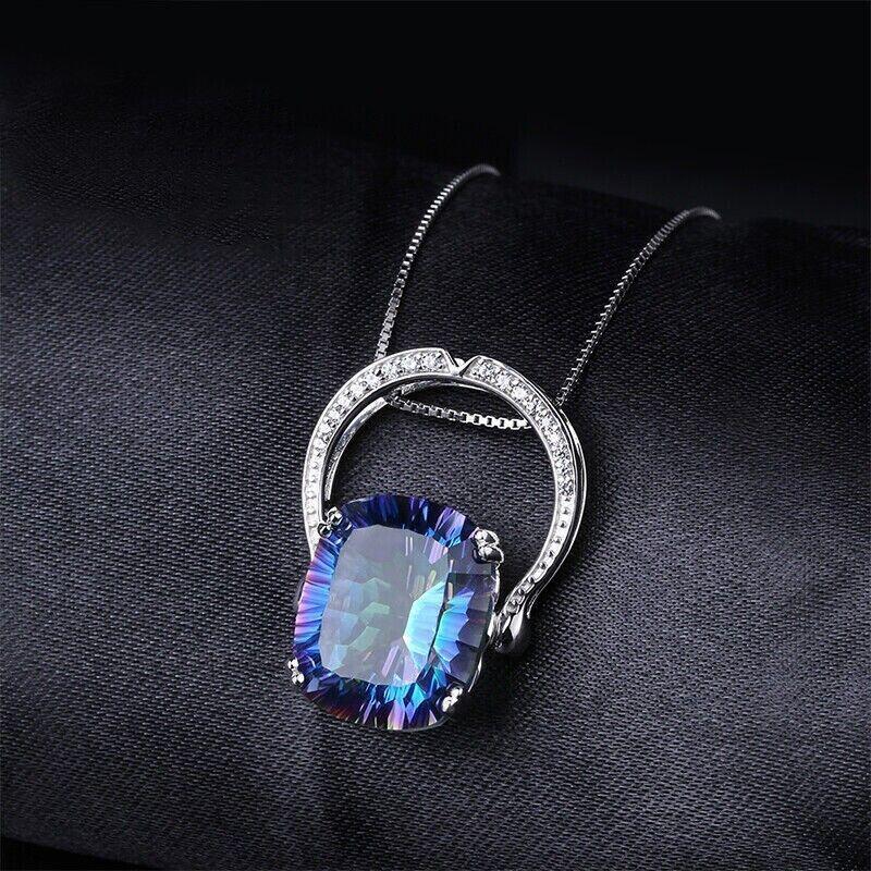 Natural 18.42ct Rainbow Fire Mystic Quartz 925 Sterling Silver Necklace Pendant