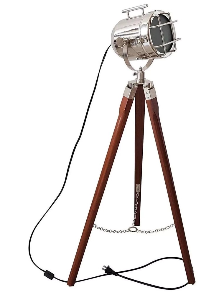 Vintage Industrial Tripod Floor Lamp with Nautical Searchlight Design  
