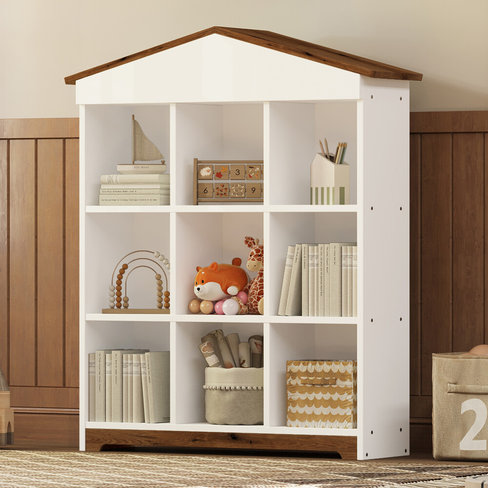 House-shaped Storage Rack with Nine Compartments, Three-layer Bookshelf, Brown