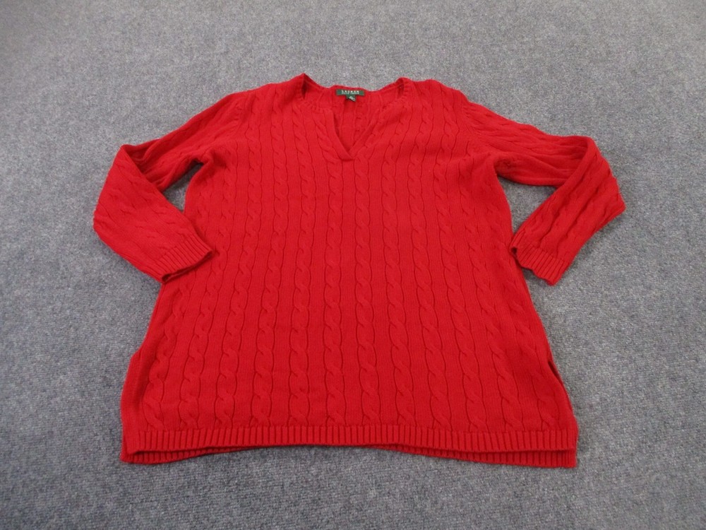 Ralph Lauren Sweater Womens 1X Red Cable Knit Lightweight Stretch Pullover Adult