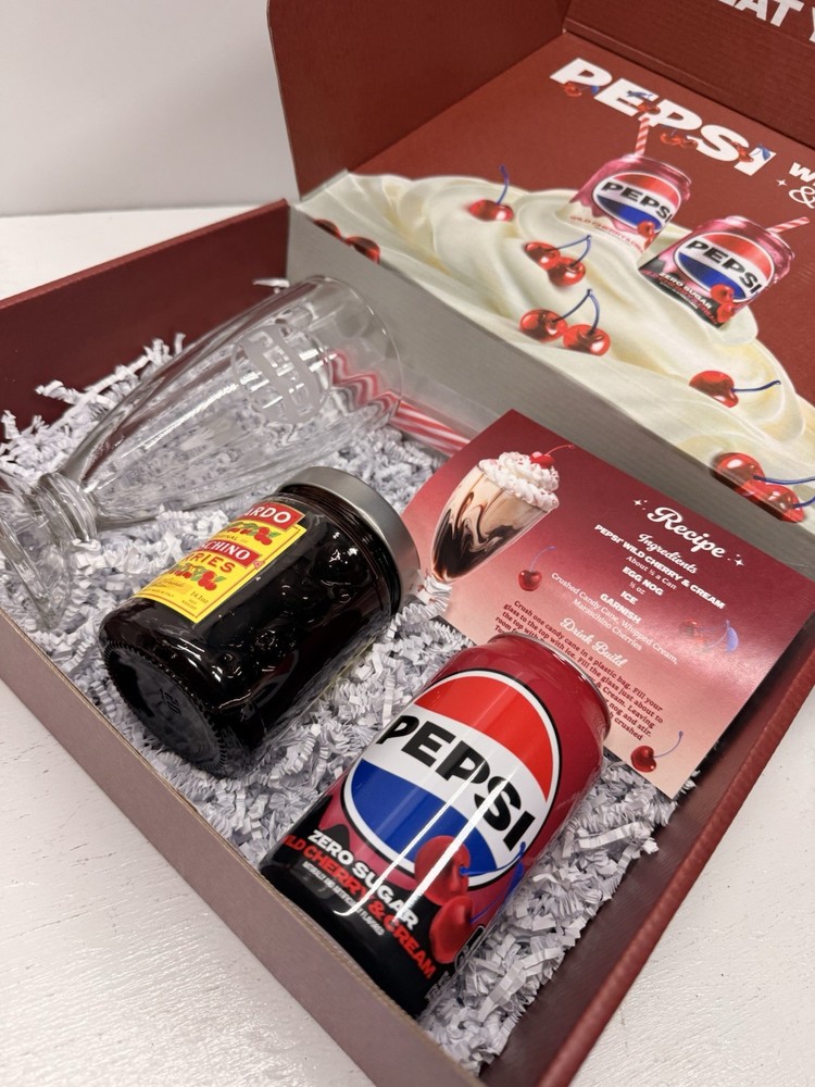 Rare Pepsi Wild Cherry & Cream Gift Box Set w/ Glass, Syrup & Can