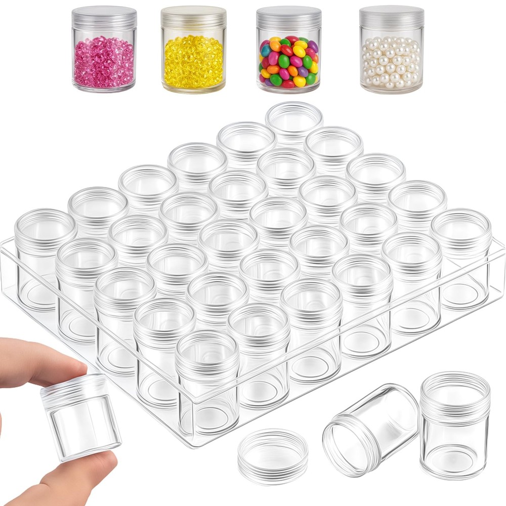 30 Clear Plastic Bead Storage Pot Jars Containers w/ Box for Craft Supplies