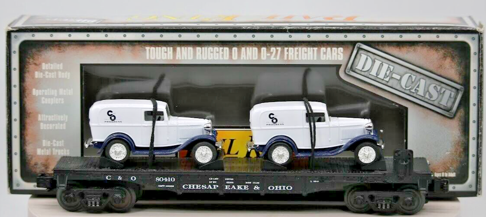 MTH RailKing 30-8304 C&O Die-Cast Flatcar with Panel Vans O Scale 1:48