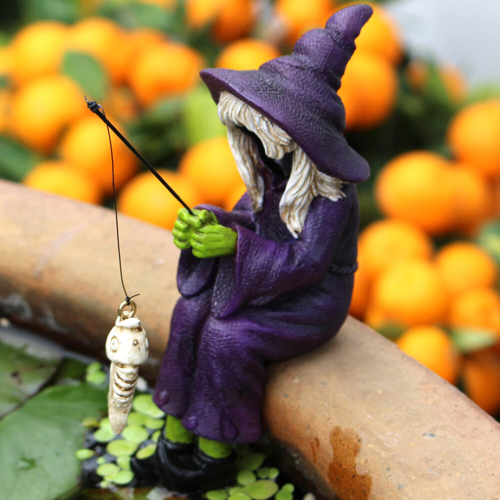 Halloween Fishing Witch Shape Resin Ornament Pendant Lawn Home Ornaments Gift