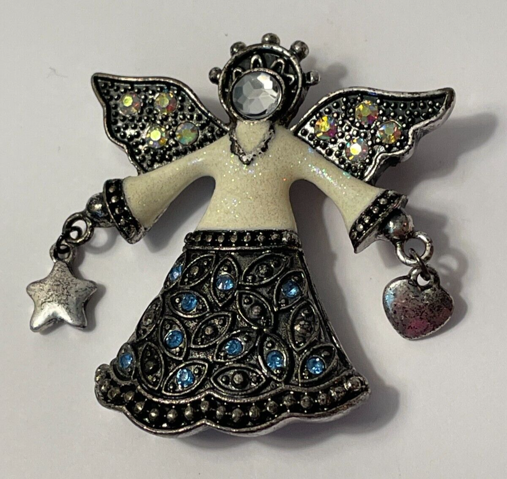 Kenneth Cole Christmas Angel Brooch Pin with Blue & Aurora Borealis Rhinestones #111
