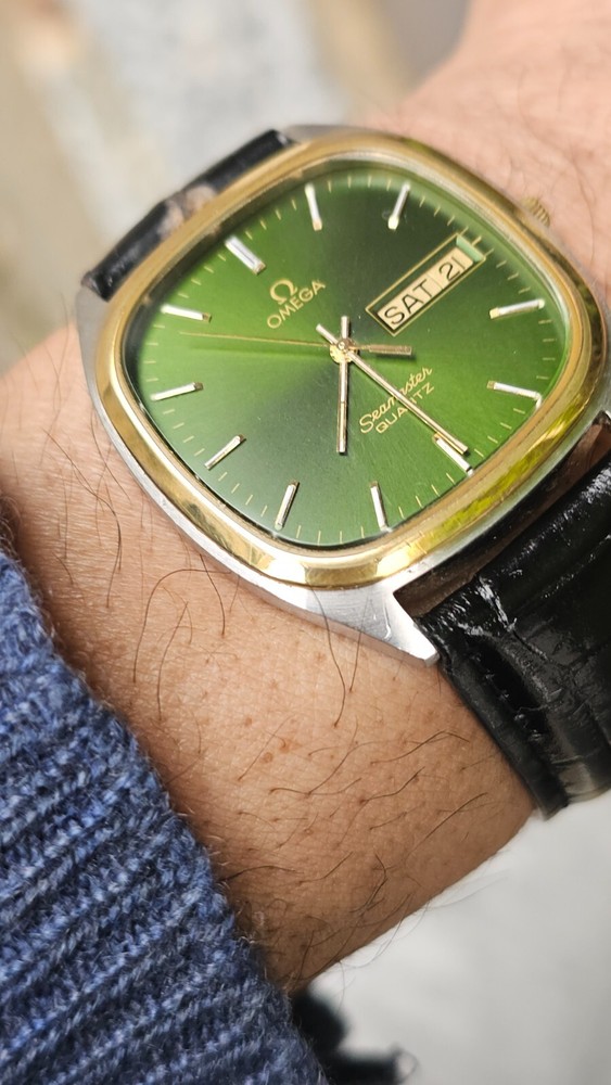 Omega Seamaster Day-Date Olive Green Dial Mens Quartz Watch 40mm