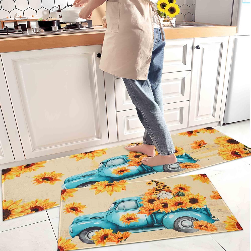 Sunflower Gnome Non-Slip Retro Kitchen Rugs Set of 2 Decor