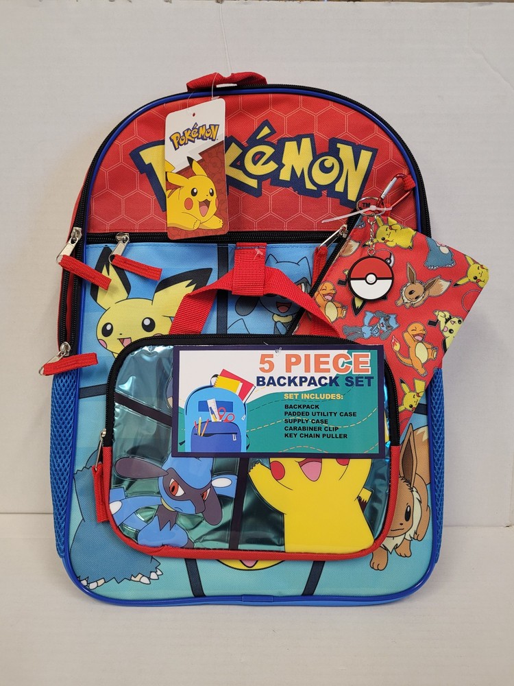 Large Backpack Pokemon Set-5 Utility Pencil Case Lunch Bag Key Chain 16