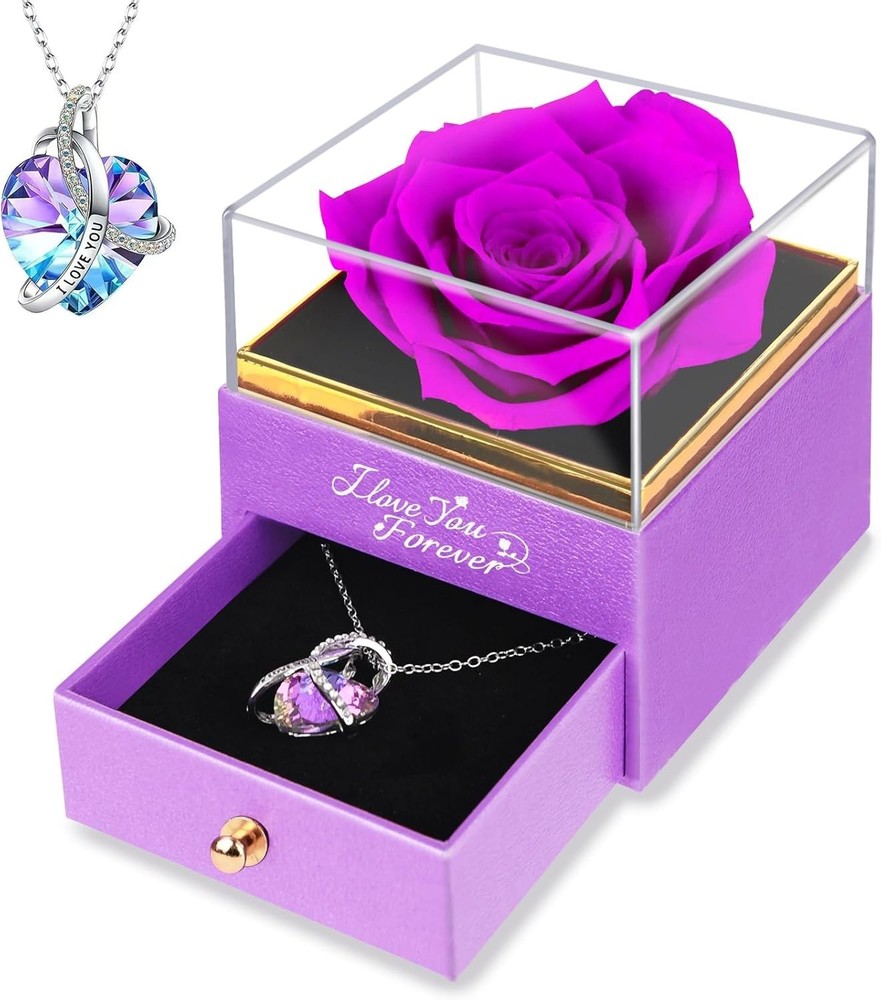 Women Gifts Ideas for Valentines Day, Preserved Forever Rose Gift with Necklace*