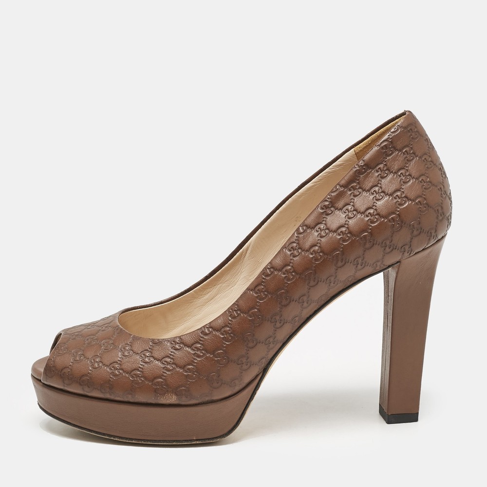 Gucci Brown Monogram Leather Peep Toe Pumps Size 37.5 EU