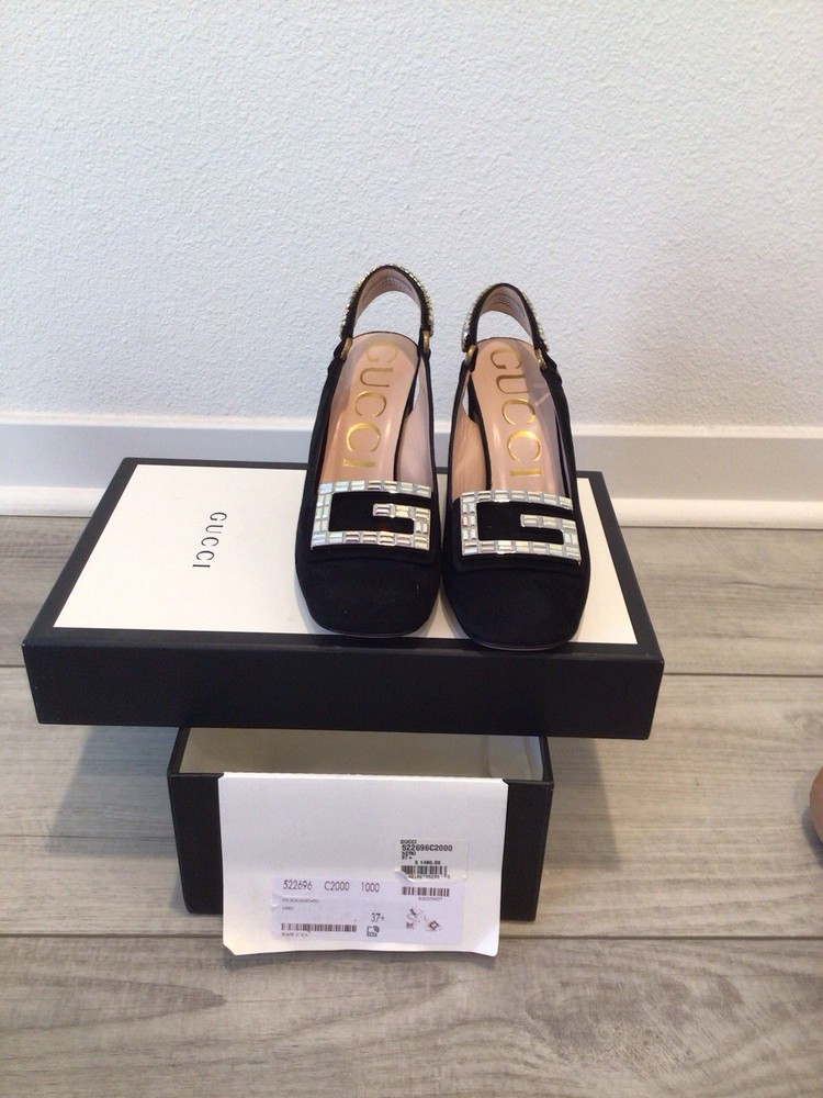 Gucci Madelyn Suede Crystal Slingback Mid Heel Pump Black Size 37.5
