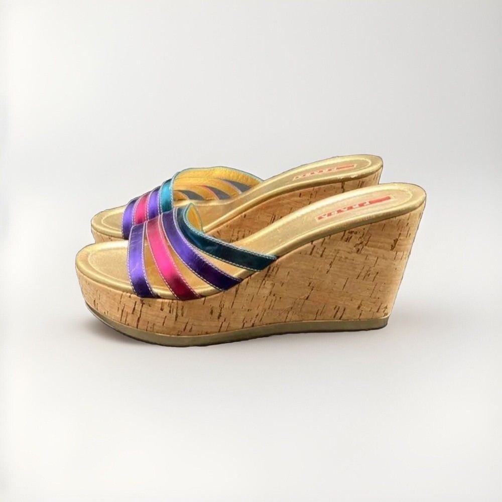 Prada Women’s Multi Metallic Rainbow Cork Wedge Sandals Size EU 40/ US 9.5
