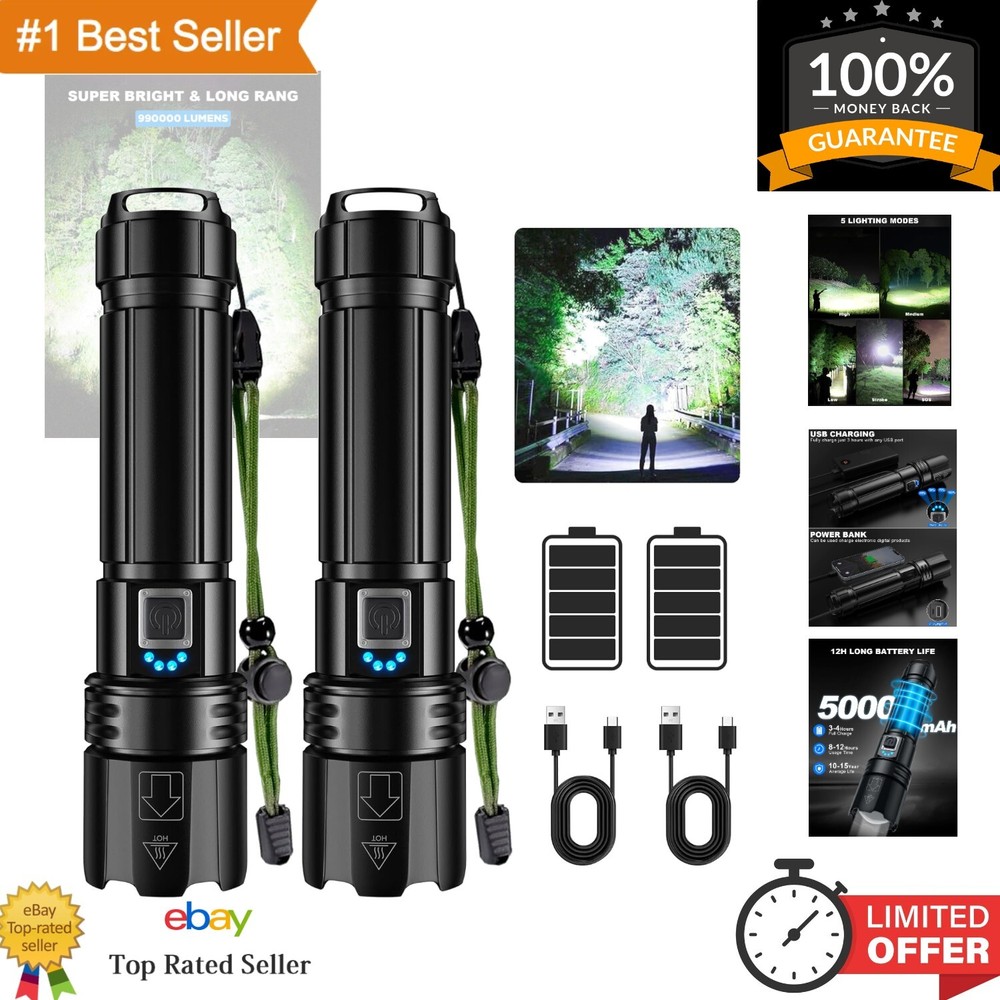 990,000 Lumens Rechargeable LED Flashlights - Waterproof & Versatile 2 Pack