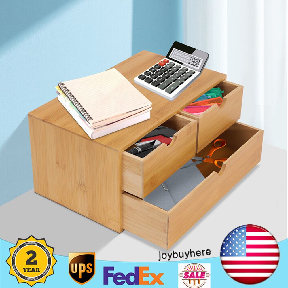Mini Bamboo Desk Organizer with 3 Drawers for Home Office Desktop Storage Shelf NEW