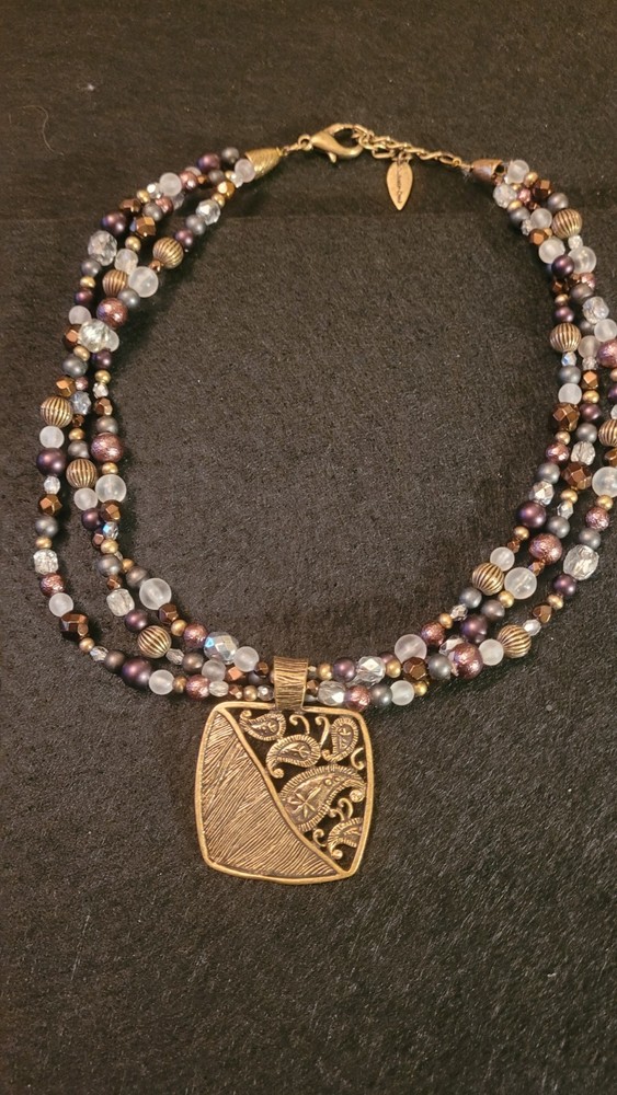 Coldwater Creek Choker Necklace Brown,Blue,Ivory beads and goldish metal pendant
