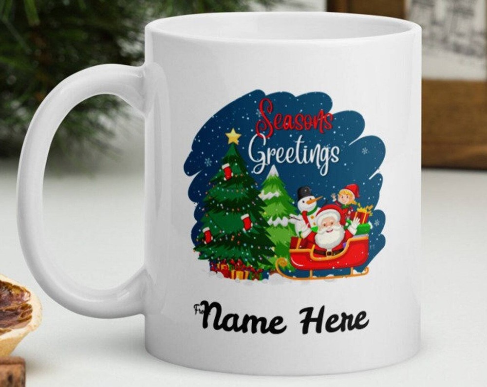 Personalized Season's Greeting Coffee Mug Merry Christmas Mug Santa Scene With