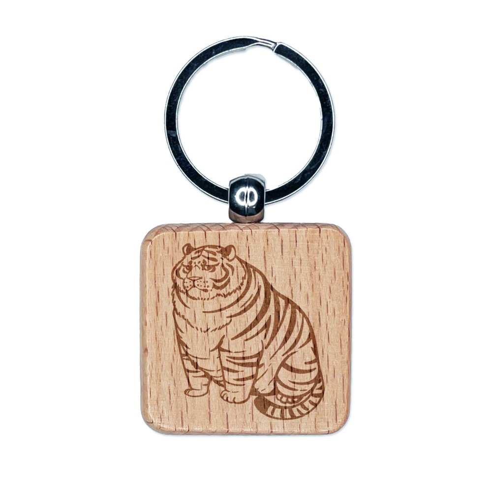Chubby Fat Tiger Wooden Keychain Charm with Engraved Design  